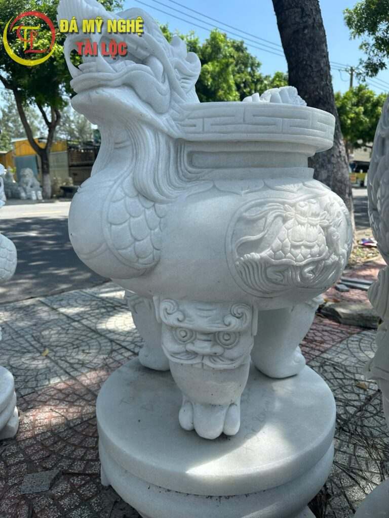 Lư Hương Đá cao 1m, Chạm Rồng Phượng, Bền Đẹp Ngoài Trời %Đá Mỹ Nghệ Tài Lộc% Lư hương đá trắng cao 1m